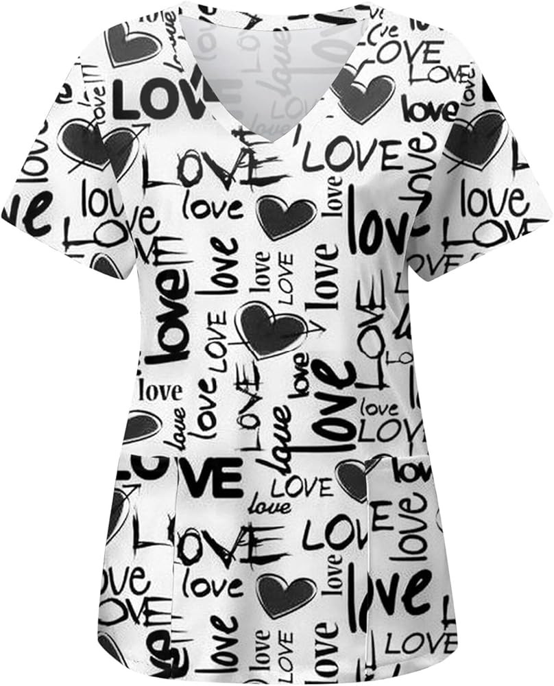 Valentines Day Scrub Tops Women 2024 Short Sleeve V-Neck ECG Printed Tshirts Blouses Soft Stretch... | Amazon (US)