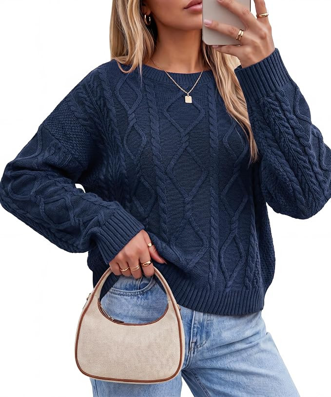 Arach&Cloz Women's Oversized Cropped Cable Knit Casual Sweater Tops | Amazon (US)