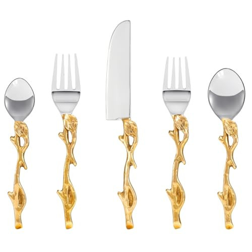 Golden Vine Flatware Cutlery 5-Piece Set - Gold Twig Leaf Stem Collection - Knives, 2 Forks, 2 Soup Spoons - Silver Silverware Stainless Silver Steel & Brass Decorative Handle - For Hosting & Serving | Amazon (US)