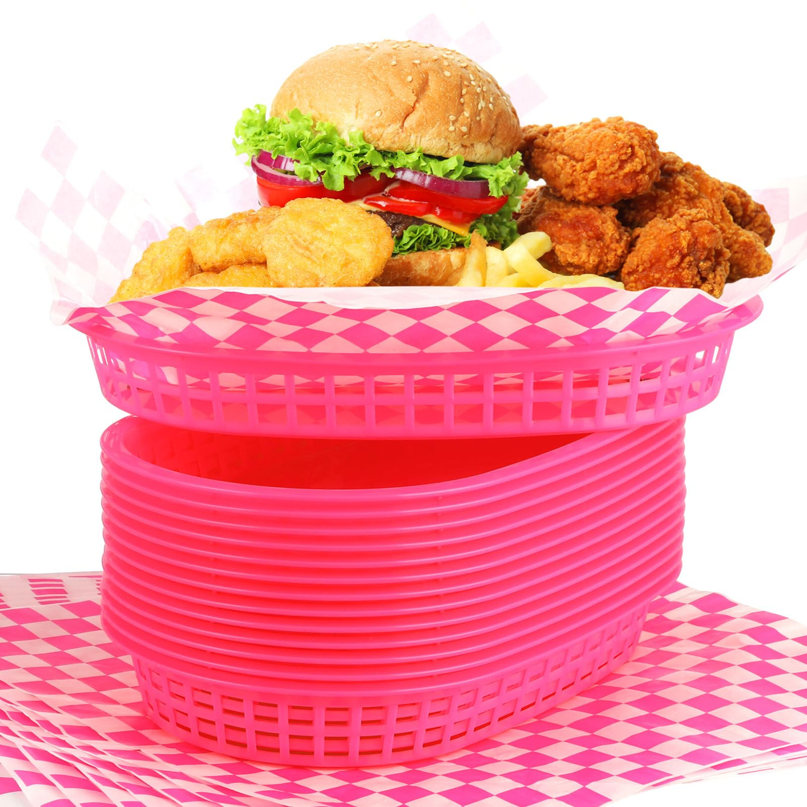 Uiifan 24 Pcs Food Baskets for Serving with 100 Deli Liners Fast Food Baskets 10.5 x 7 Inch Restaurant Serving Trays for Burger Chip Hot Dog Hamburger Bread Picnic(Hot Pink) | Amazon (US)