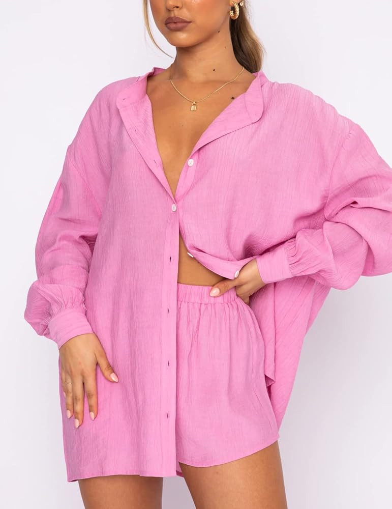 Women Casual 2 Piece Tracksuit Loose Button Blouse Shirt Top High Wasit Elastic Shorts Set Loungewea | Amazon (US)