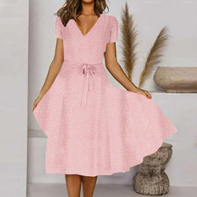 Floleo Women's Dress Clearance Summer Fashion Women Summer V-Neck Bandage Dot Print Casual Short ... | Walmart (US)