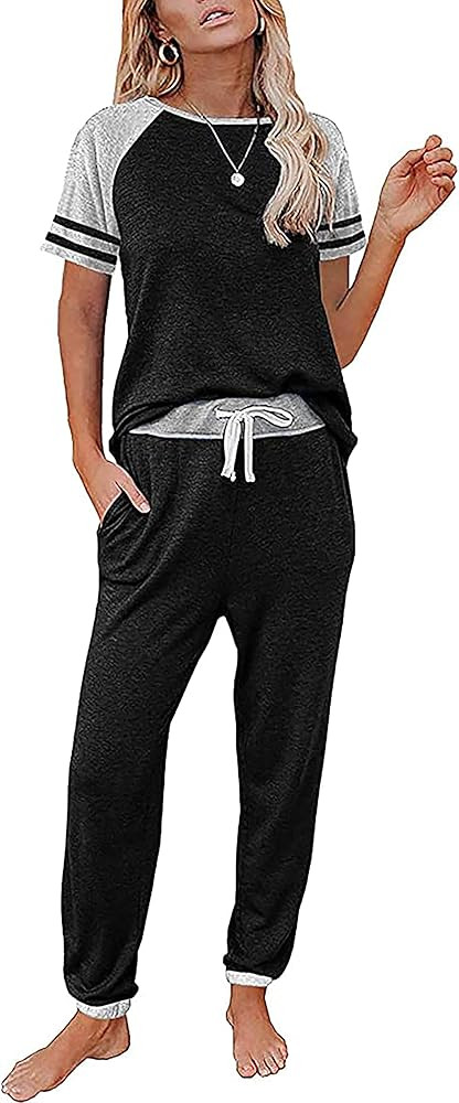 PRETTYGARDEN Women Summer Two Piece Outfits Striped Short Sleeve Pullover and Long Pants Tracksui... | Amazon (US)