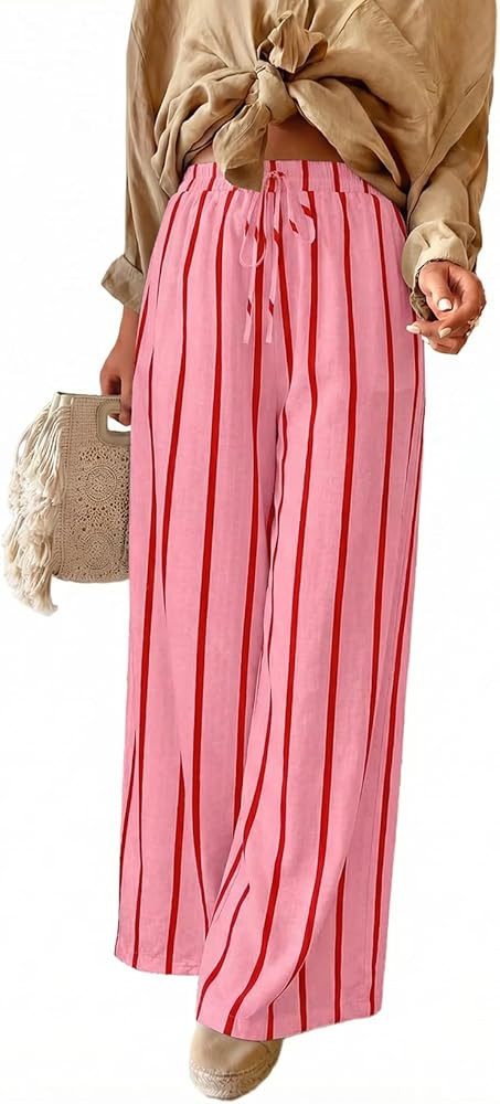 Acelitt Women Casual Drawstring Elastic Waist Striped Wide Leg Pants with Pockets, S-XXL | Amazon (US)