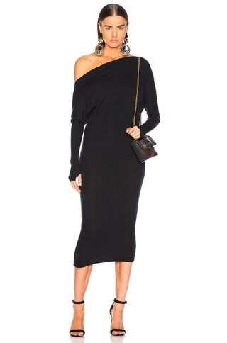 Enza Costa Rib Exposed Shoulder Midi Dress in Black | FWRD 
