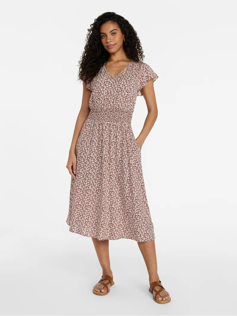 Time and Tru Women’s and Women’s Plus Smocked Waist Midi Dress with Flutter Sleeves, Sizes XS... | Walmart (US)