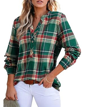 Astylish Women's V Neck Plaid Shirts Flannel Casual Blouses Button-Down Business Boho Tops Long S... | Amazon (US)