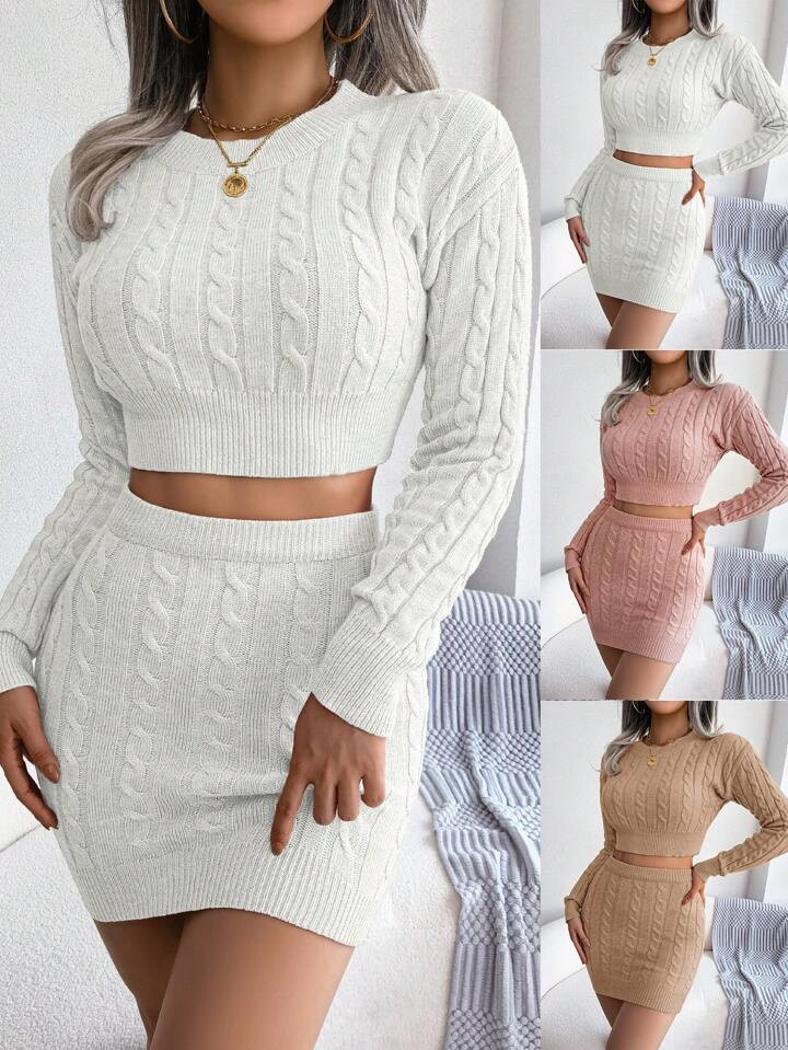 Cable Knit Crop Sweater & Knit Skirt | SHEIN