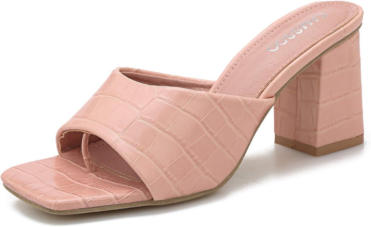 CAMSSOO Women's Heeled Mules Square Open Toe Sandals Flip Flops Slip On Chunky Block Heels Open ... | Amazon (US)