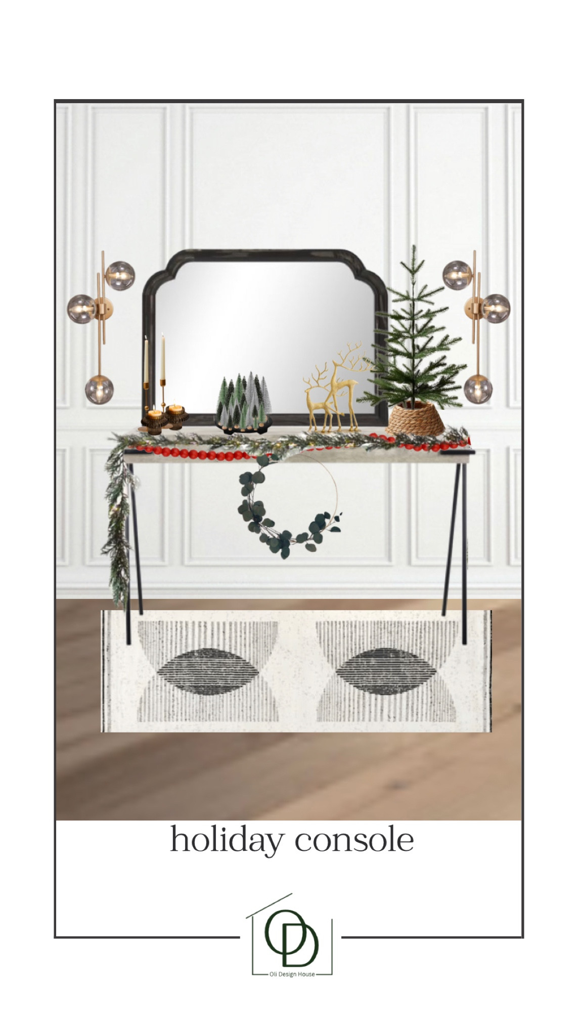 A holiday console design board, complete with a mini tabletop tree, red bead garland, a half eucalyptus wreath, bottle brush tree forest and gold reindeer  

#LTKHoliday #LTKhome #LTKunder50