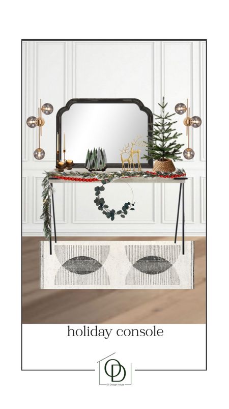 A holiday console design board, complete with a mini tabletop tree, red bead garland, a half eucalyptus wreath, bottle brush tree forest and gold reindeer  

#LTKHoliday #LTKhome #LTKunder50