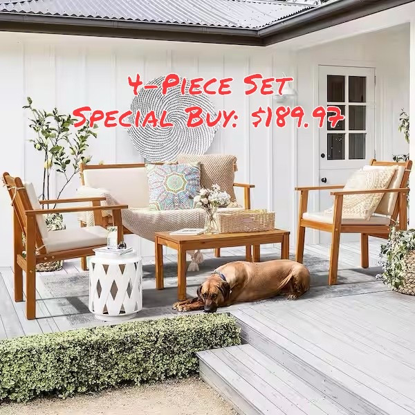 🚨Special Buy While Supplies Last!
Upgrade your outdoor space with this Chillrest 4-Piece Acacia Wood Patio Conversation Set 🤍🌿

Featuring a warm acacia wood frame and soft cream cushions, this set is giving cozy + elevated patio vibes. Perfect for morning coffee, hosting friends, or relaxing under the stars.

✨ Includes:
✔️ 2 comfy chairs
✔️ 1 loveseat
✔️ 1 matching coffee table

The natural wood finish adds a beautiful modern touch while still keeping things timeless and inviting. Add a few throw pillows and a lantern and you’ve got the ultimate outdoor setup!

🛒 Shop this patio set below!

#PatioFurniture #OutdoorLiving #BackyardDecor #PatioInspo #OutdoorEntertaining #HomeDecorF


#LTKHome #LTKSaleAlert