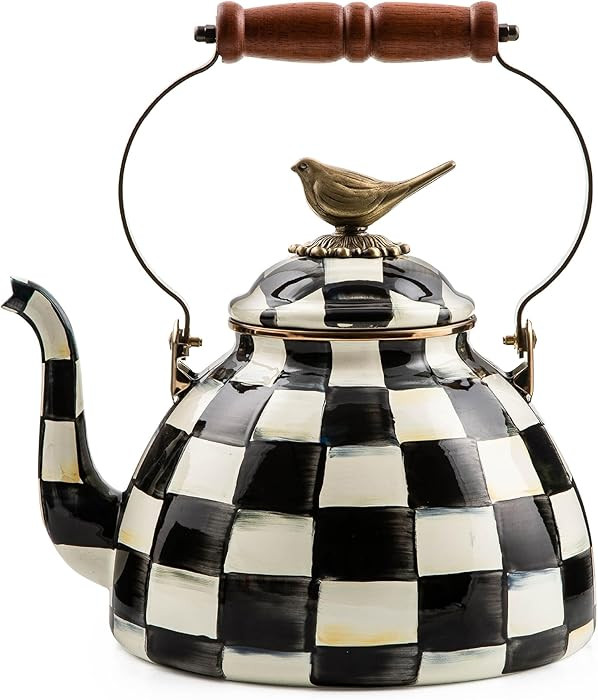 MACKENZIE-CHILDS Tea Kettle, Black-and-White Courtly Check with Bird Topper | Amazon (US)