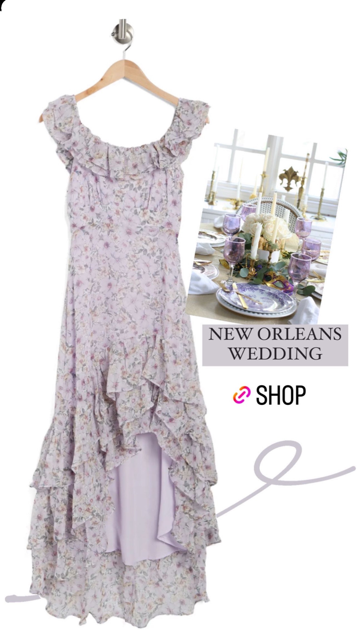 Spring / Summer New Orleans Wedding guest dress. High low dress with floral print, ruffles & off the shoulder sleeves. Romantic, lavender, lilac, purple, fitted dress. Wedding guest, best dressed guest, feminine dress on sale 

#LTKsalealert #LTKunder100 #LTKwedding