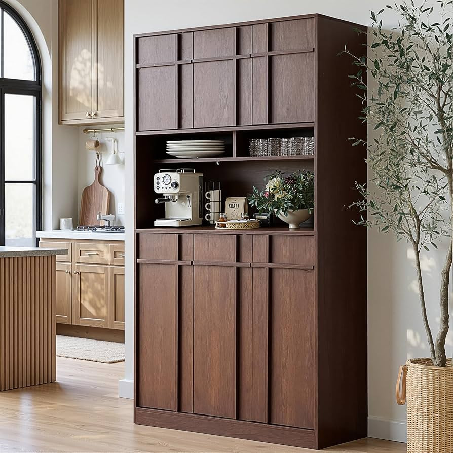 72" Pantry Cabinet, Tall Kitchen Pantry Storage Cabinet with Countertop, Adjustable Shelves, Mid ... | Amazon (US)