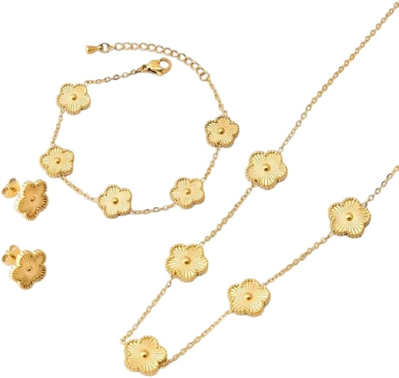 Clover Jewelry Set 18K Gold Plated Stainless Steel Necklace with Flower Design Four leaf clover f... | Amazon (US)