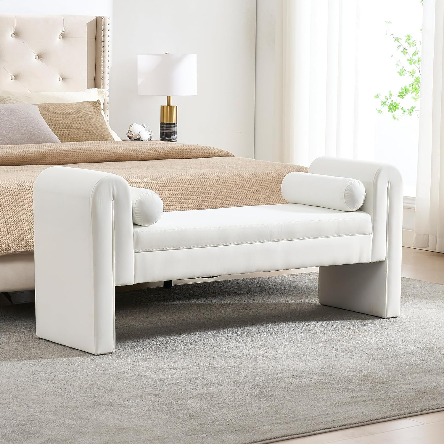 Modern Bench for Bedroom End of Bed, 60.5" Velvet Upholstered Rolled Armed Stool Bench, Ottoman L... | Amazon (US)