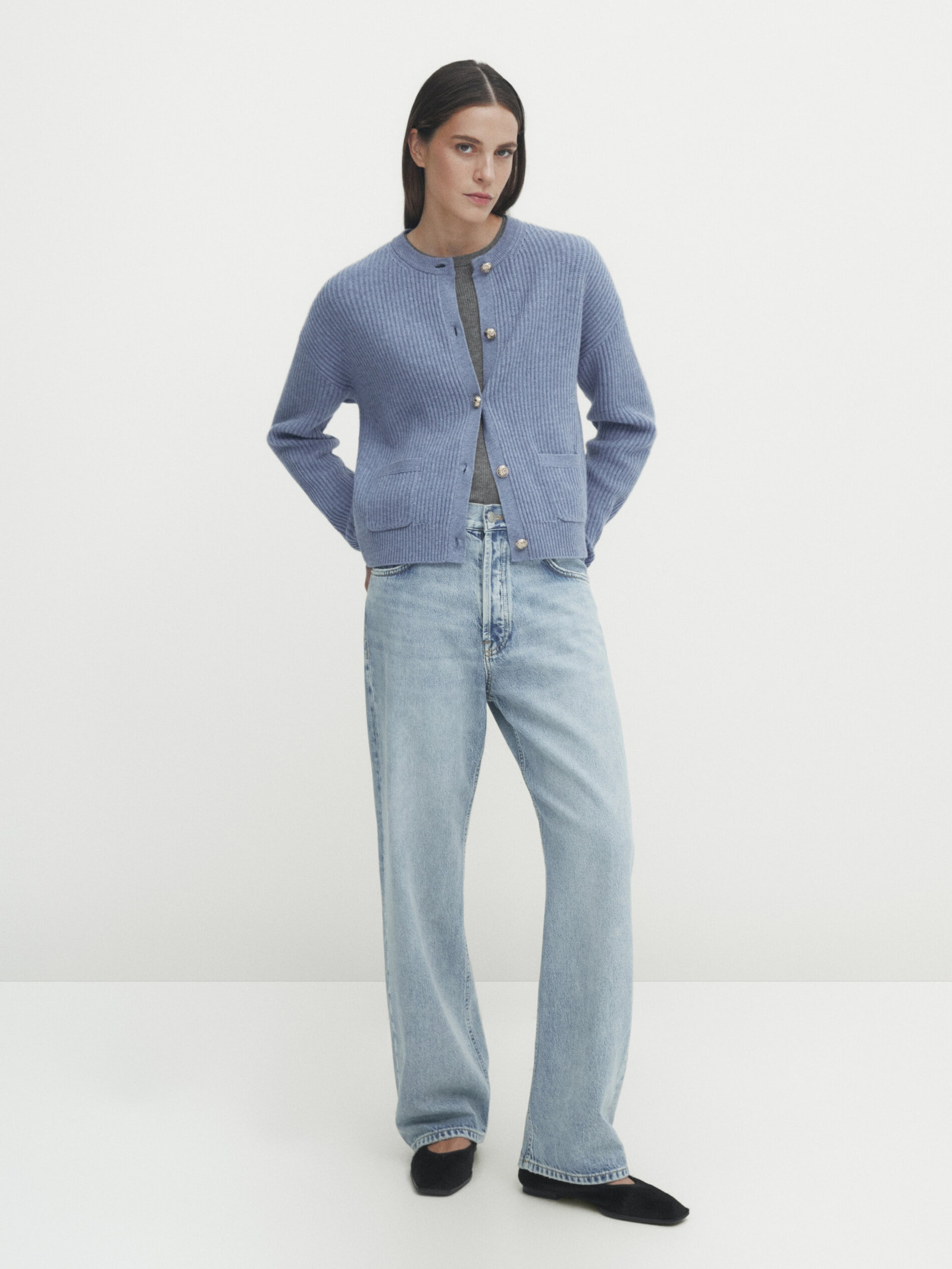 Wool and cashmere blend purl knit cardigan | Massimo Dutti US