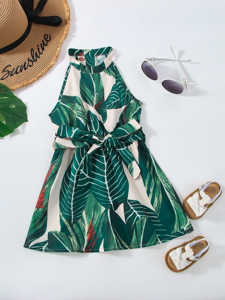 Toddler Girls Tropical Print Halter Neck Belted Dress | SHEIN