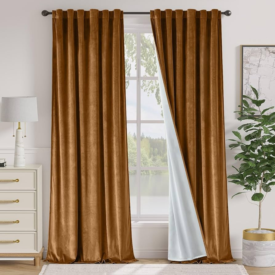 Lazzzy Gold Brown Blackout Velvet Curtains 84 Inch Long Thermal Insulated Room Darkening Curtain ... | Amazon (US)
