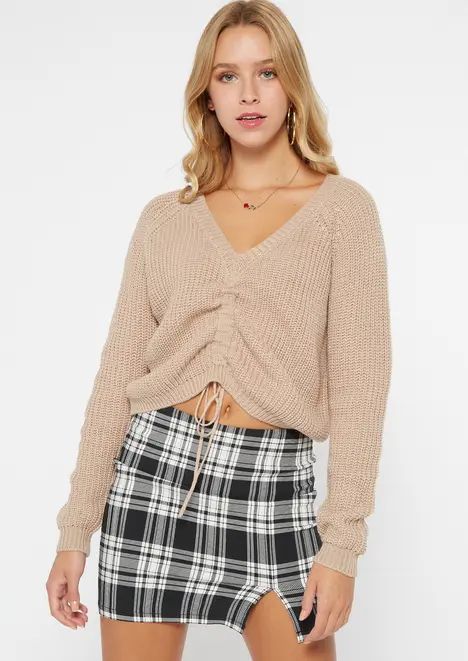 taupe ruched drawstring front sweater | rue21