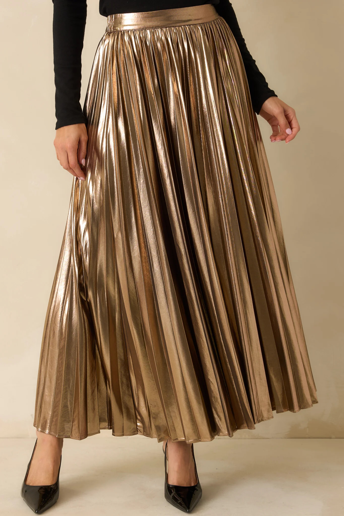 Light the Night Bronze Metallic Pleated Maxi Skirt | Red Dress