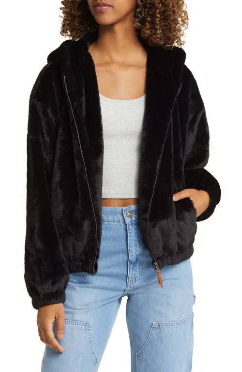 Thread & Supply Faux Fur Zip-Up Hooded Jacket in Black at Nordstrom, Size Small | Nordstrom
