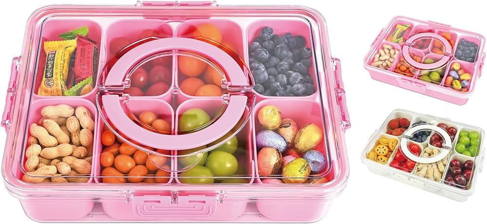 Snackle Box Container, 8 Compartment Divided Serving Tray with Lid and Handle, Snack Box Containe... | Amazon (US)