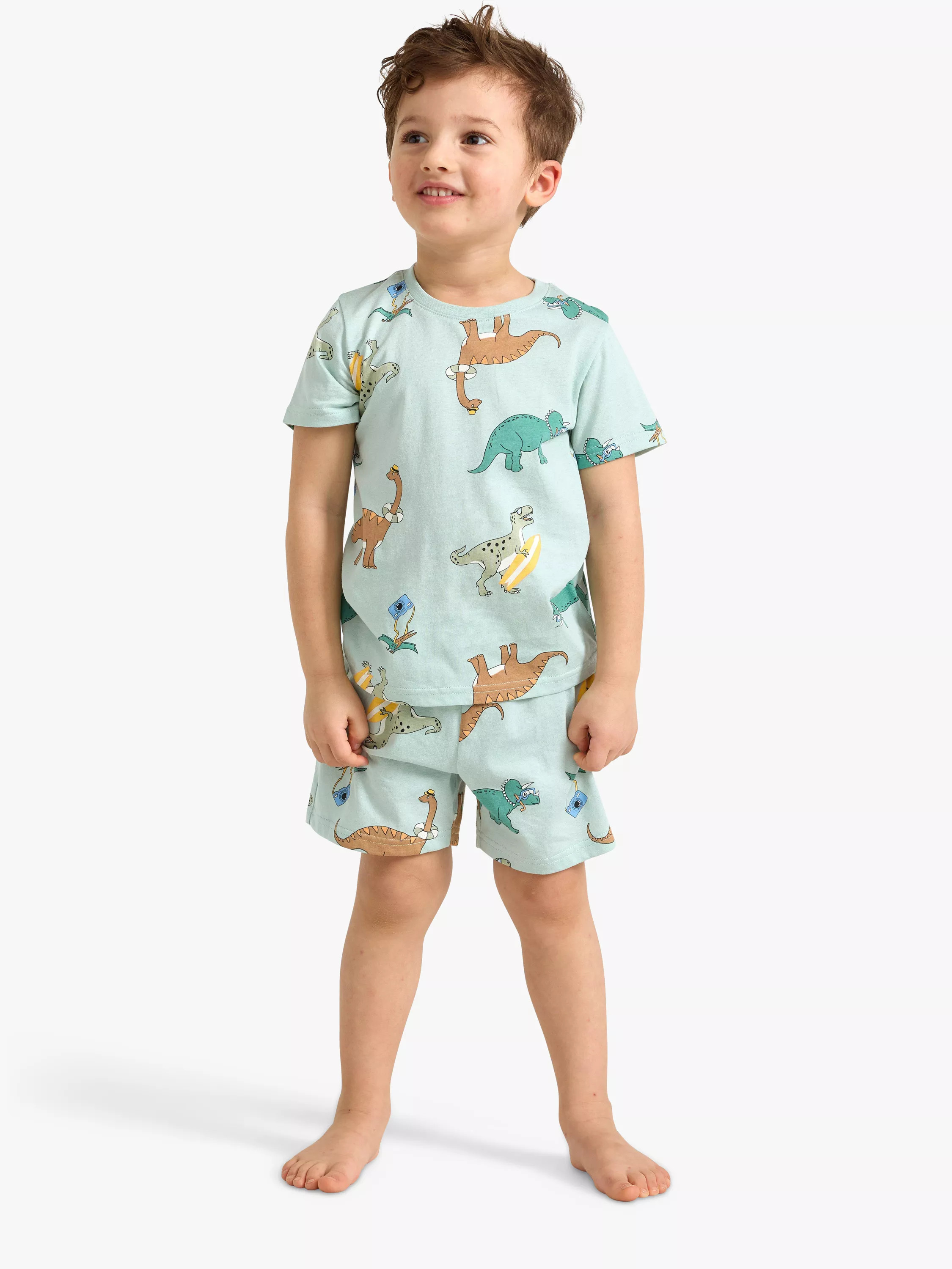 Lindex Kids' Cotton Dinosaur Print Shortie Pyjama Set, Light Dusty Turquois | John Lewis (UK)