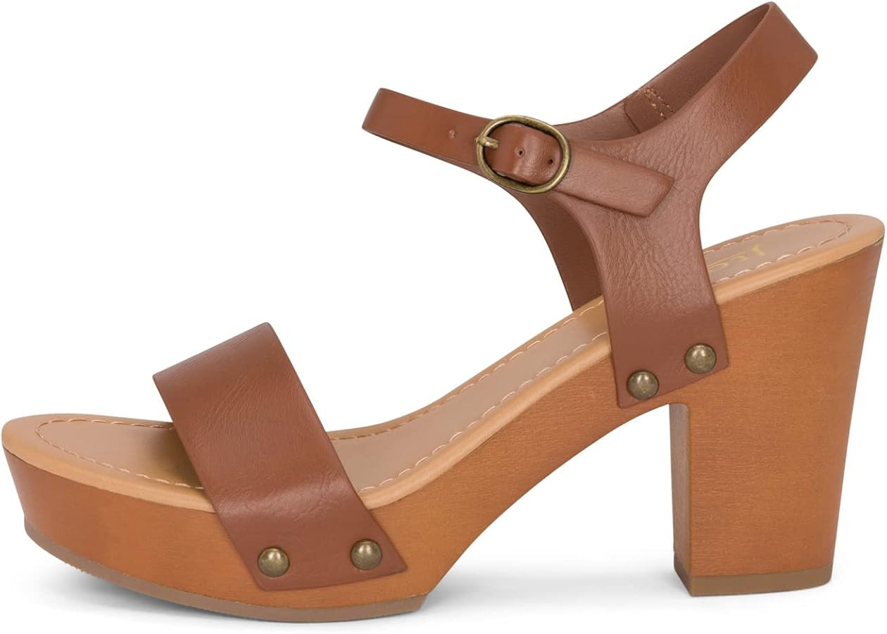Stage - Womens Wedge Heel Sandals Platform Ankle Buckle Studded Open Toe Faux Wood Sandals | Amazon (US)