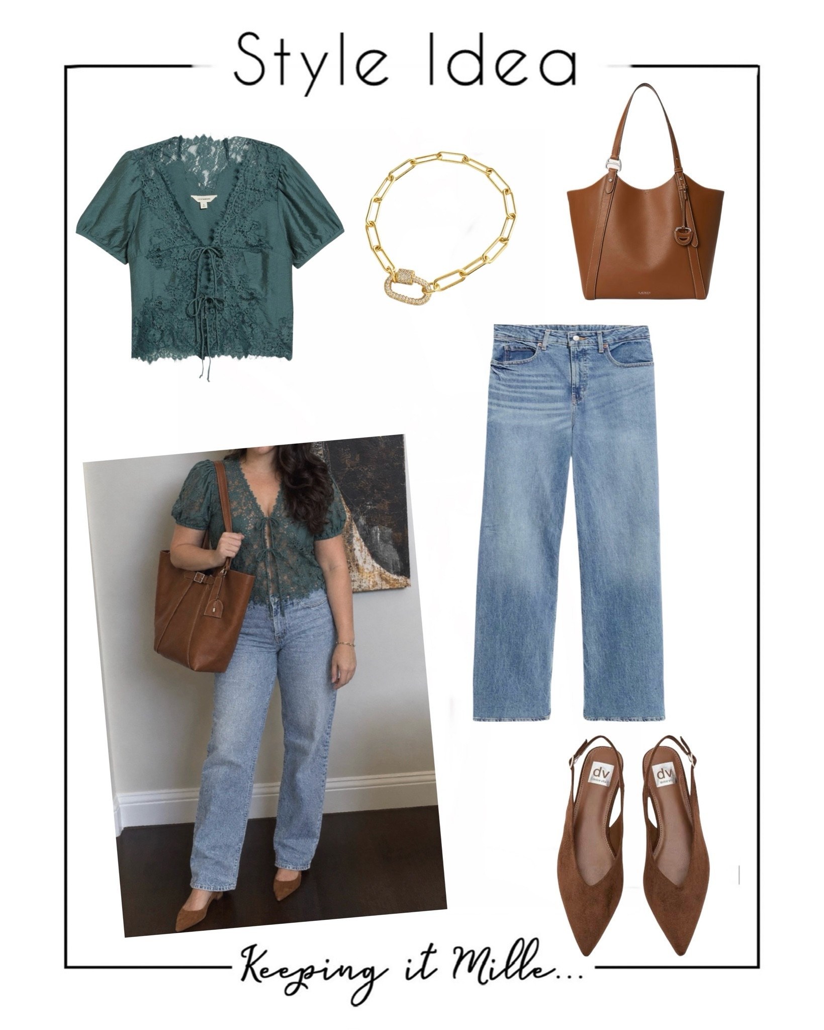 Style Idea: balsam green lace top, straight leg jeans, suede pointed toe flats, cognac tote, paperclip chain bracelet.

#LTKOver40 #LTKSeasonal #LTKstorytime