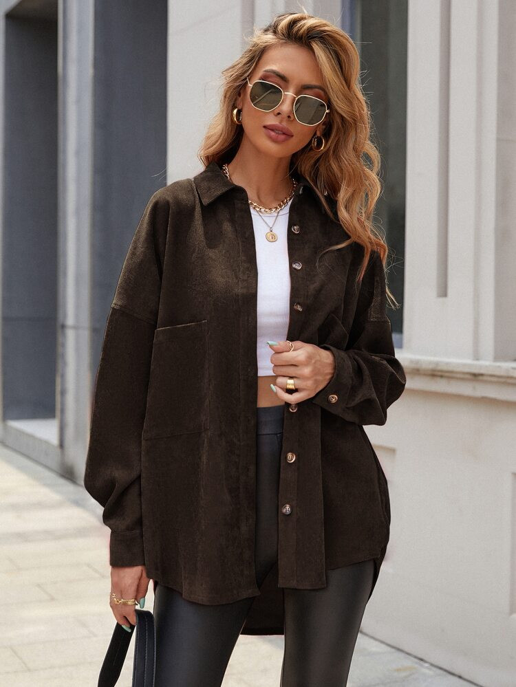 Solid Button Front Pocket Detail Corduroy Coat | SHEIN