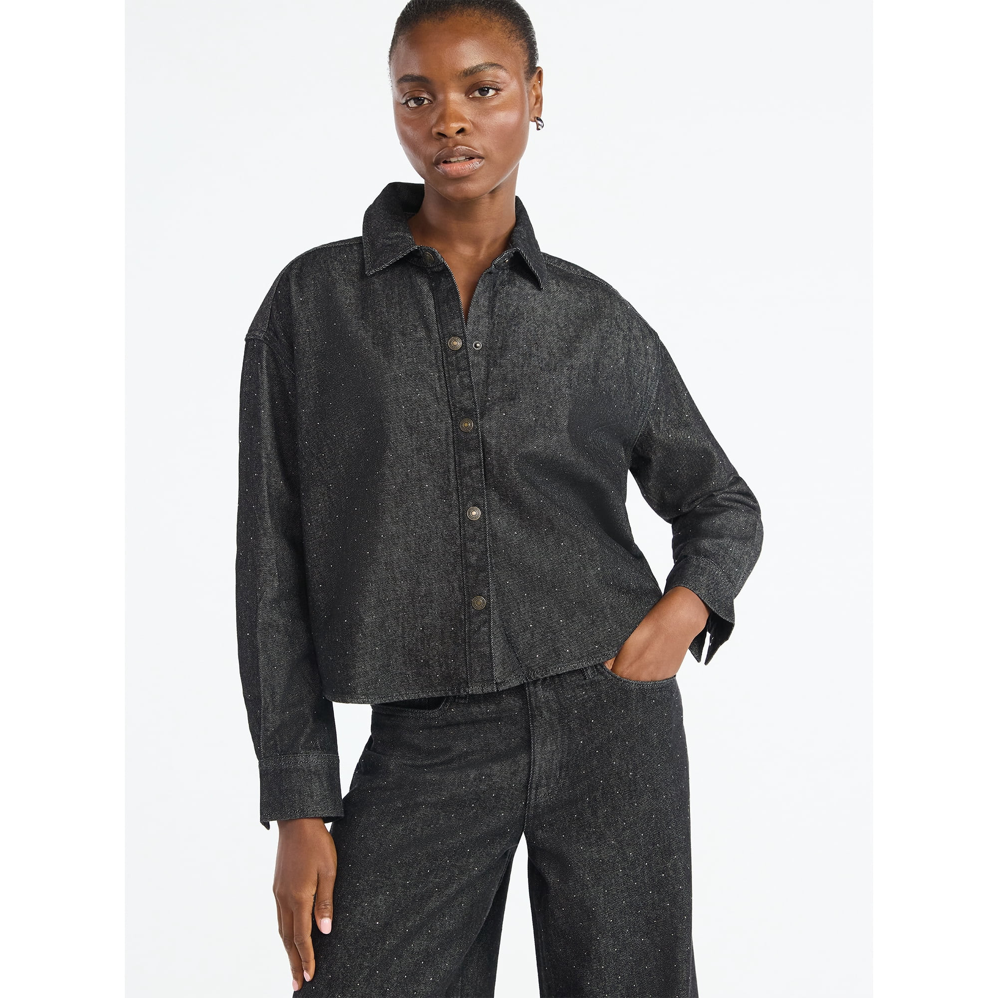 Scoop Women’s Rhinestone Embellished Cotton Denim Shirt with Long Sleeves, Sizes XS-4X | Walmart (US)