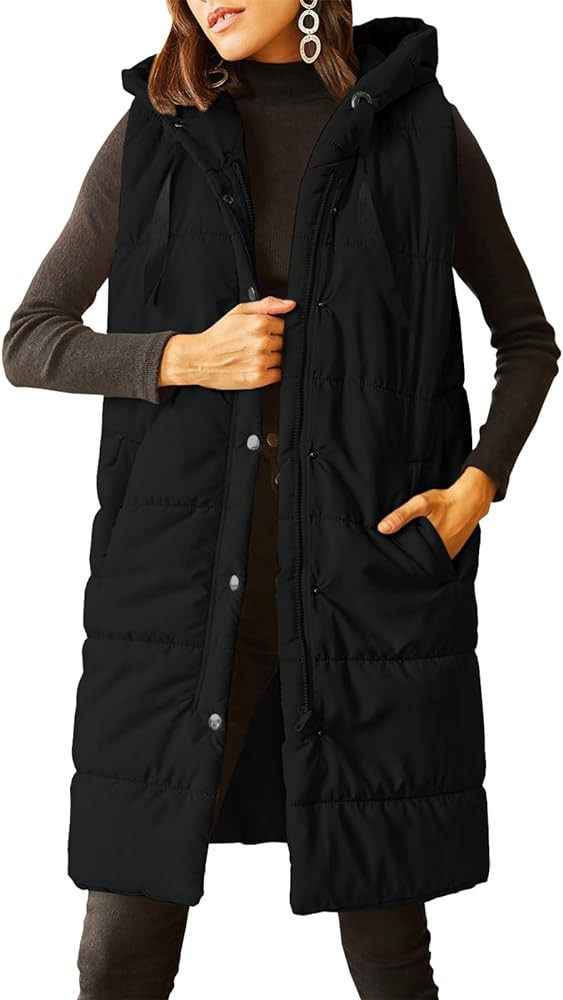 Grlasen Women's Long Quilted Puffer Vest Sleeveless Hooded Button Down Padded Coats Jacket Outerw... | Amazon (US)