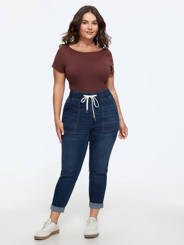 Pull-On Drawstring Folded Hem Boyfriend Jeans | Bloomchic