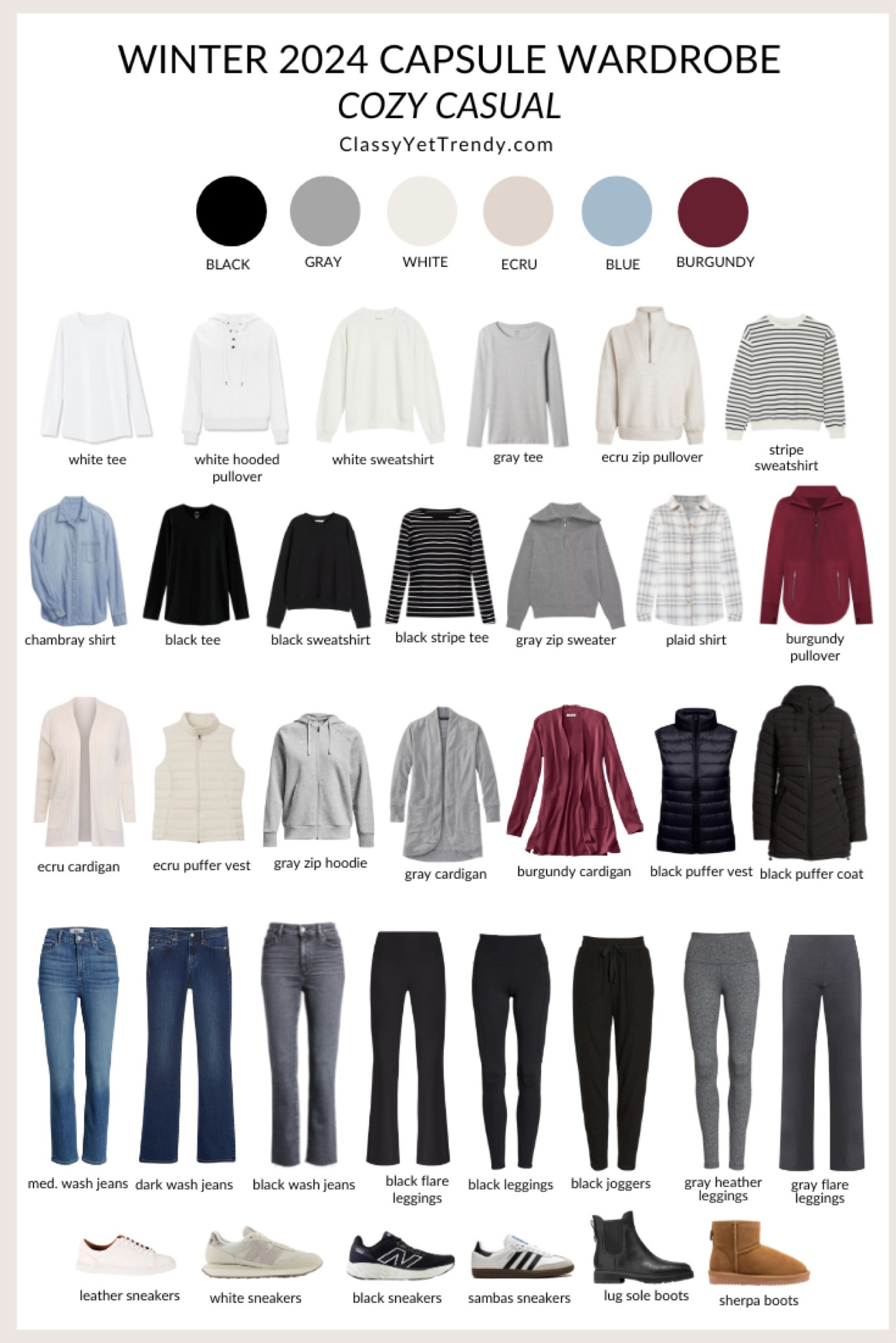 My 34-piece Cozy Casual Winter 2024 Capsule Wardrobe 🍁The colors are black, gray, white, ecru, blue and burgundy.  I wear styles that are simple and minimal for a moderate winter clomate. ✔️ You can use this capsule wardrobe in your closet and use part of it as a travel wardrobe!

Athleisure, jeans, joggers, flare leggings, half zip pullover, quarter zip sweater, tee, zip hoodie, sweatshirt, stripe tee, chambray shirt, flannel plaid shirt, cardigan, puffer vest, coat, sneakers, log sole boots, Ugg boots

#LTKStyleTip