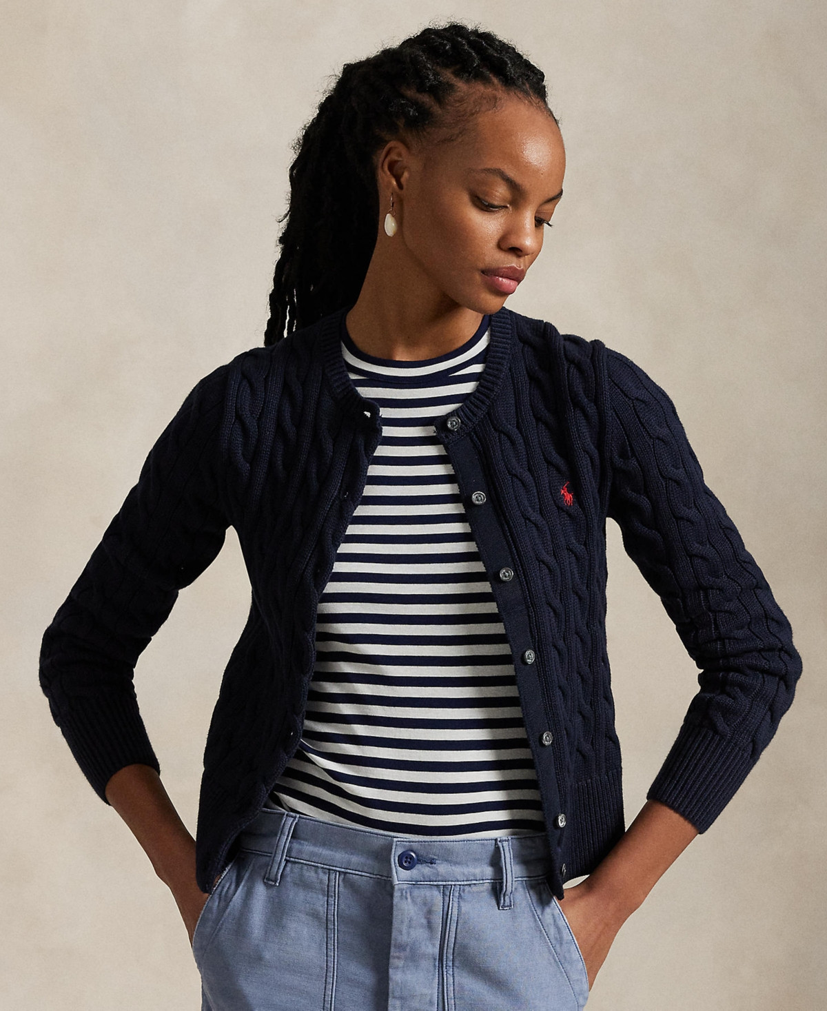 Polo Ralph Lauren Women's Cable-Knit Cotton Crewneck Cardigan Sweater - Hunter Navy | Macy's