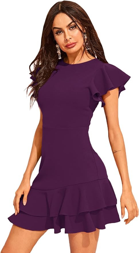 Floerns Women's V Back Inslace Layered Ruffle Hem Flutter Sleeve Dress | Amazon (US)