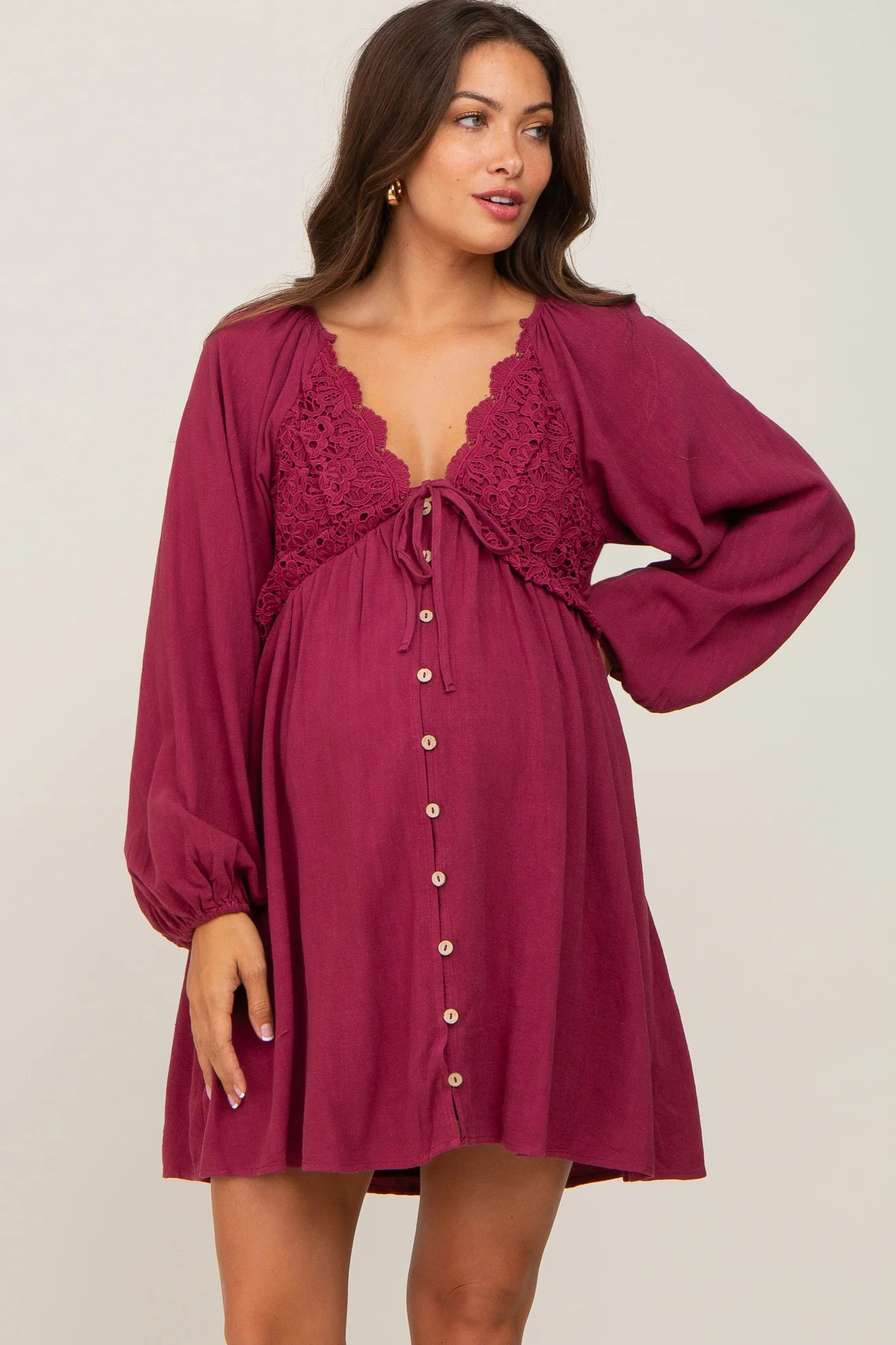 Beige Crochet Lace Button Front Maternity Dress | PinkBlush Maternity