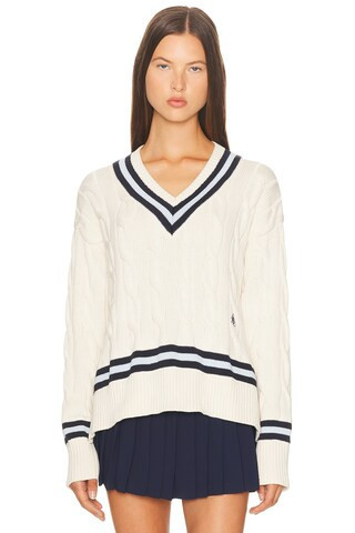 Sporty & Rich Cableknit V Neck Sweater in Cream | FWRD 