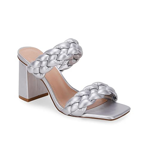 Syktkmx Women's Braided Heeled Sandals Backless Square Open Toe Block Slide Sandals, Silver, Size 6.5 | Amazon (US)