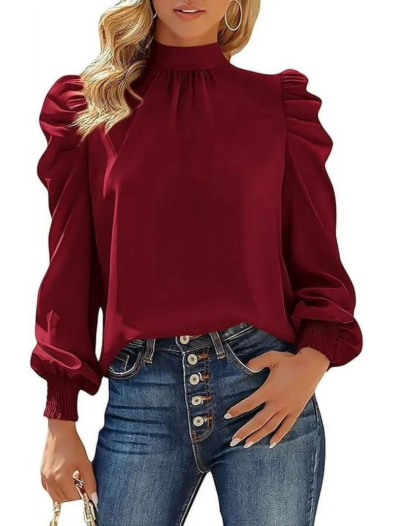 FreshPretty Women Satin Puff Long Sleeve Blouses Mock Neck Shirts Business Casual Tops Work Dress... | Walmart (US)