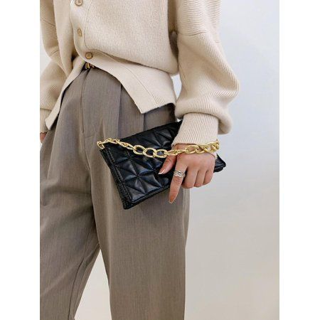 Elegant Women s Quilted Pattern Chain Decor Clutch Bag Black | Walmart (US)