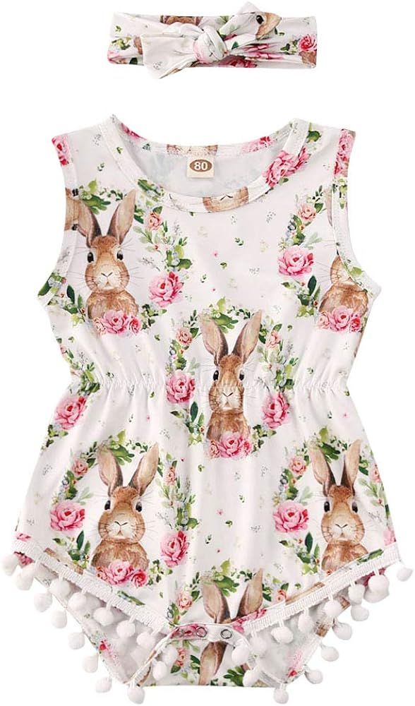 Newborn Baby Girls Easter Outfits Sleeveless Bunny Romper Bodysuit Tassels Jumpsuit Sunsuit Summe... | Amazon (US)