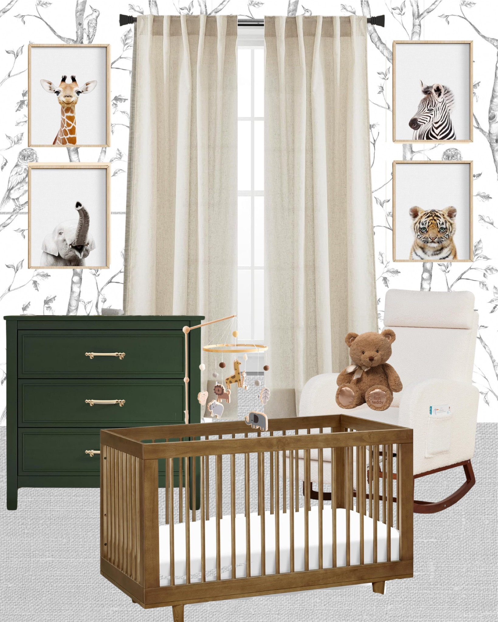 Timeless nursery with neutrals, green & dark wood — save version! Total room cost comes out to under $1,000

Davinci crib / changing dresser / rocking chair with foot rest / Target peel and stick wallpaper/ Amazon finds 

#LTKBaby #LTKxWayfair #LTKHome