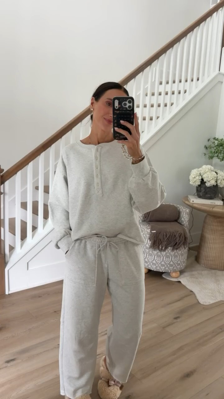 Target has some really good cozy sets right now, and this one is perfect for slow mornings at home. I love the relaxed henley sweatshirt, drawstring pants, and soft heathered fabric. Paired with fuzzy slippers, it's exactly what I want to wear on a chilly morning.
Target cozy set, Target matching set, Target loungewear, heather gray sweatset, henley sweatshirt, drawstring sweatpants, cozy fall outfit, lounge outfit, comfortable matching set, fall loungewear, Target fashion finds, annabrstyle