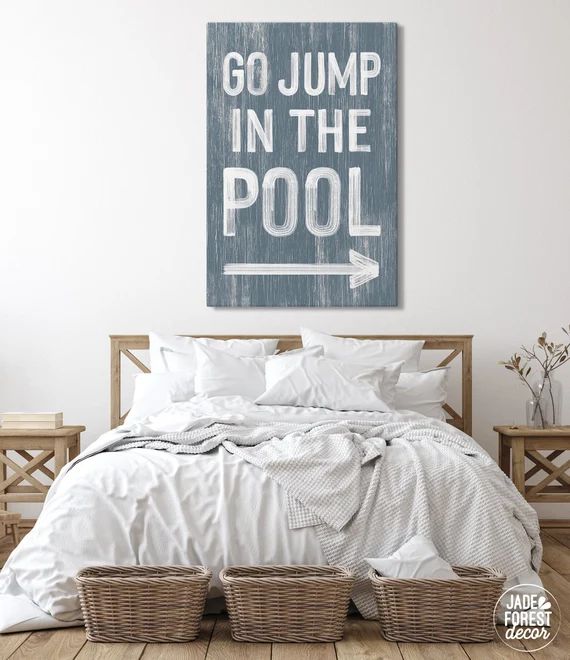 Go jump in the POOL sign > dusty blue vacation home decor, directional right arrow art for above ... | Etsy (US)