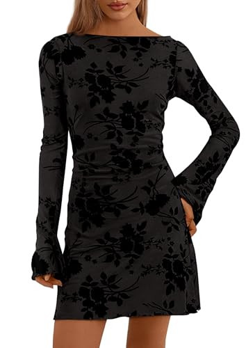 PRETTYGARDEN Women's 2026 Fall Fashion Floral Long Sleeve Mini Dress Mesh Bodycon Short Party Date Night Going Out Dresses (Black,Small) | Amazon (US)