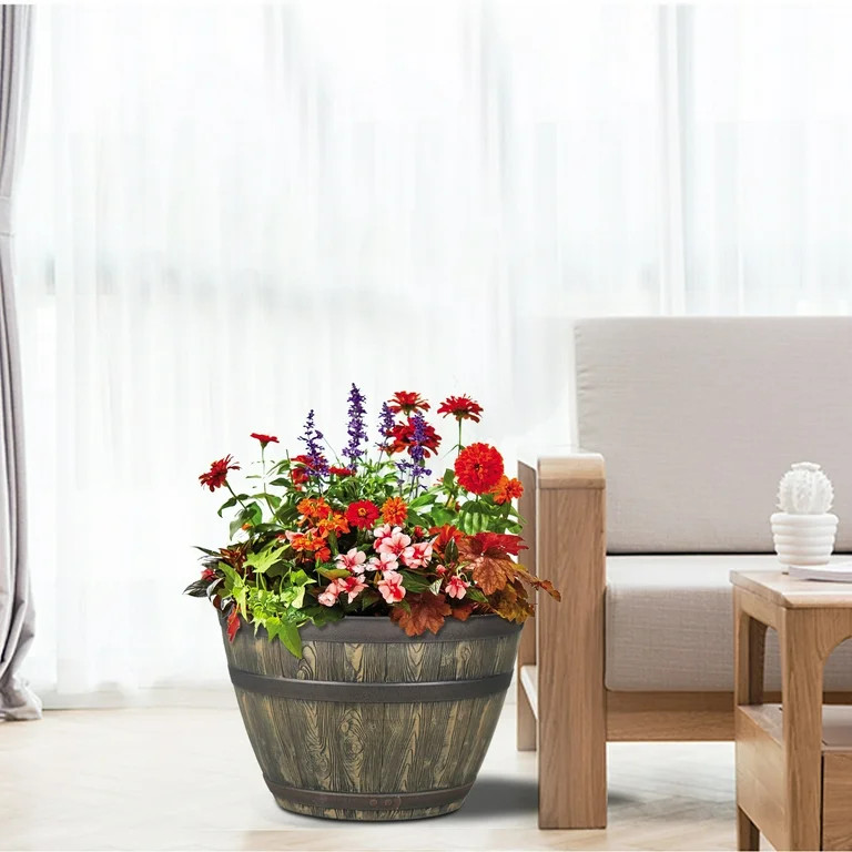 Better Homes & Gardens Whiskey Barrel Brown Resin Planter, 19.9in x 19.9in x 13in | Walmart (US)