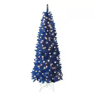 6 ft. Pre-Lit LED Pencil Slim Artificial Christmas Tree with Warm White Light, Blue | The Home Depot